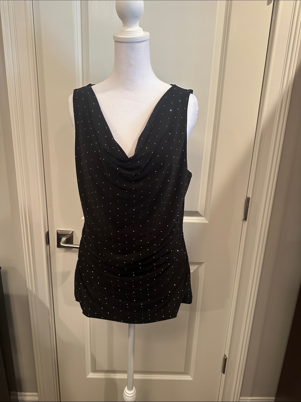 White House Black Market Black Polka Dot Draped Cowl Neck Tank